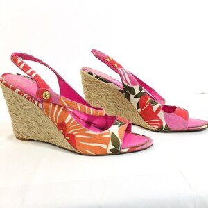 Lilly Pulitzer Sz 10M Espadrille Sling Back Wedge Logo Pink Floral Peep Toe
